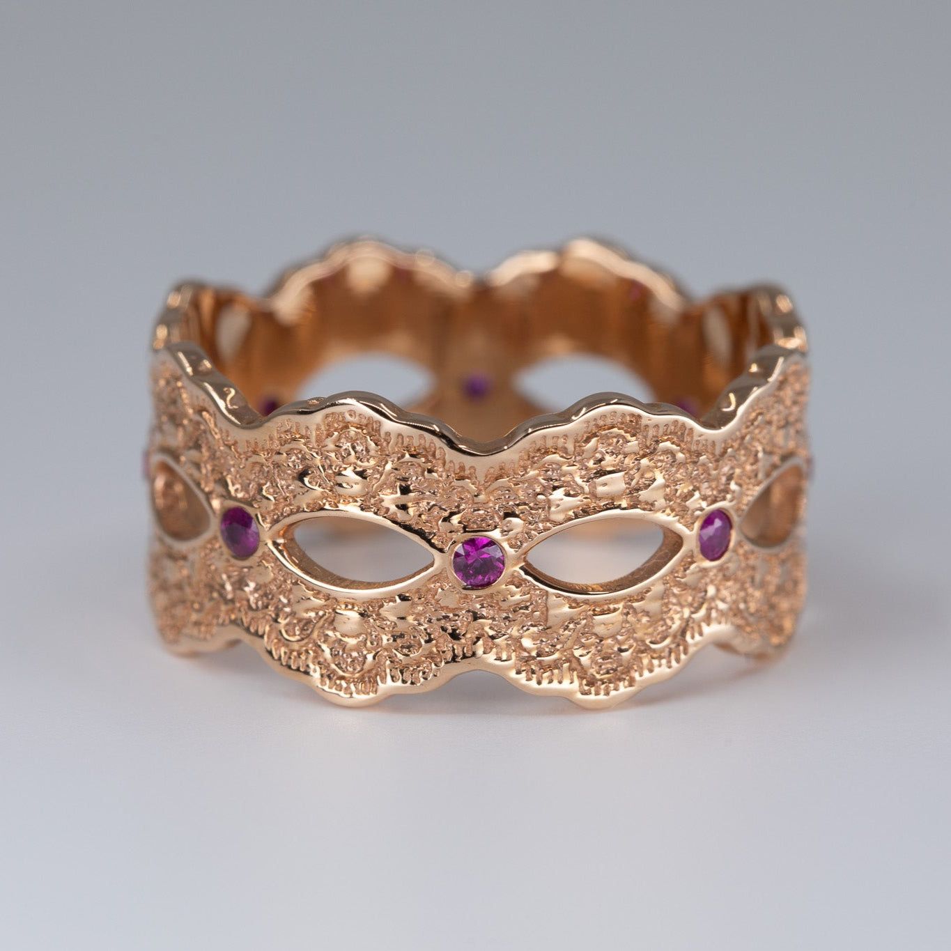 Celeste Lace Wedding Ring with Eternity Rubies in 14K Yellow Gold – view 2