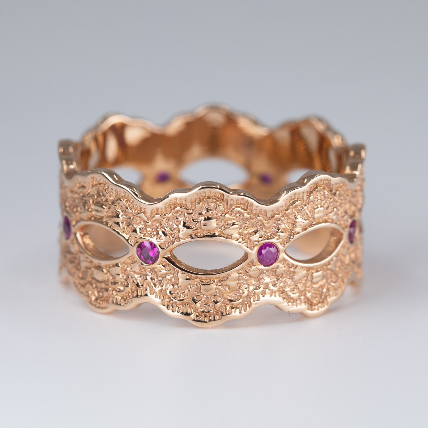 Celeste Lace Wedding Ring with Eternity Rubies in 14K Yellow Gold