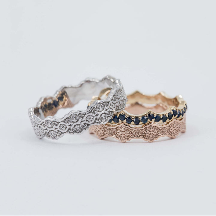 Aria and Celine Lace Stacking Wedding Ring Set with Sapphires