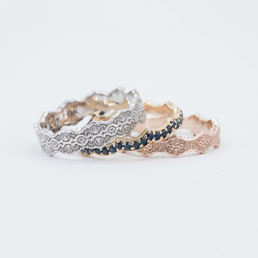 Aria and Celine Lace Stacking Wedding Ring Set with Sapphires