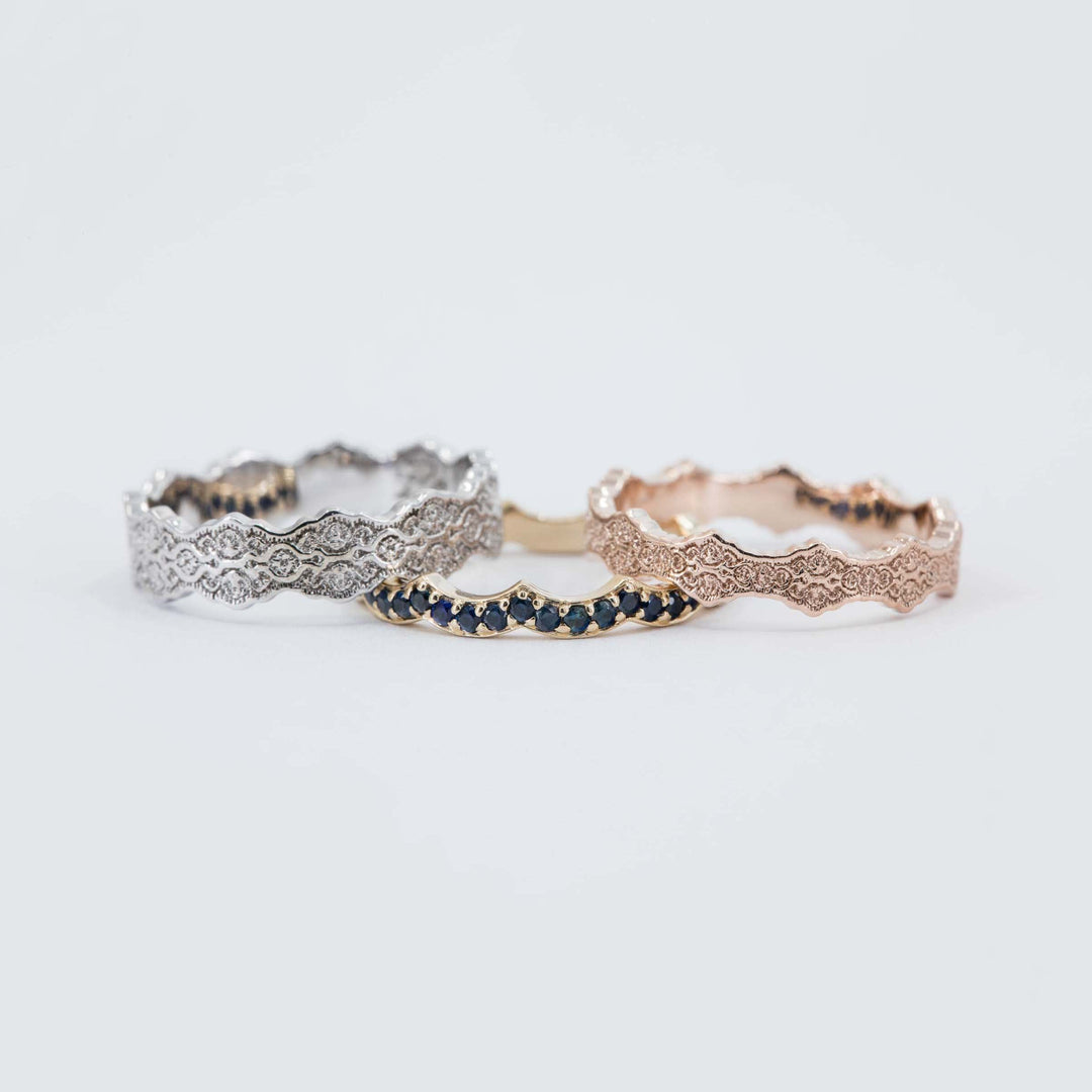 Aria and Celine Lace Stacking Wedding Ring Set with Sapphires