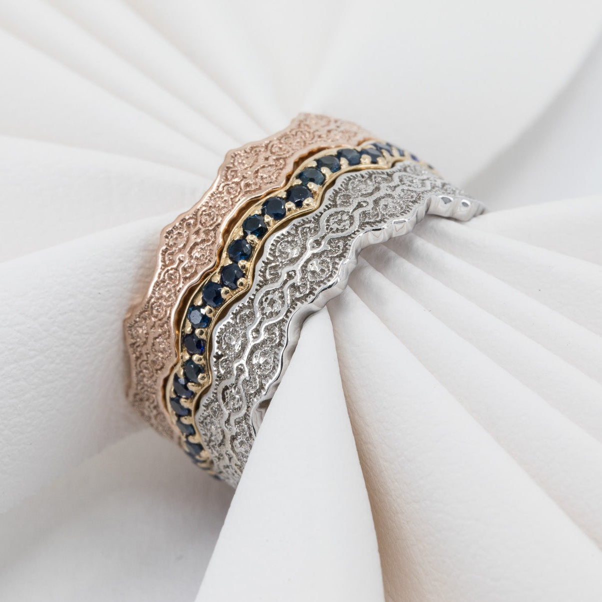 Aria and Celine Lace Stacking Wedding Ring Set with Sapphires with blue sapphire – view 2