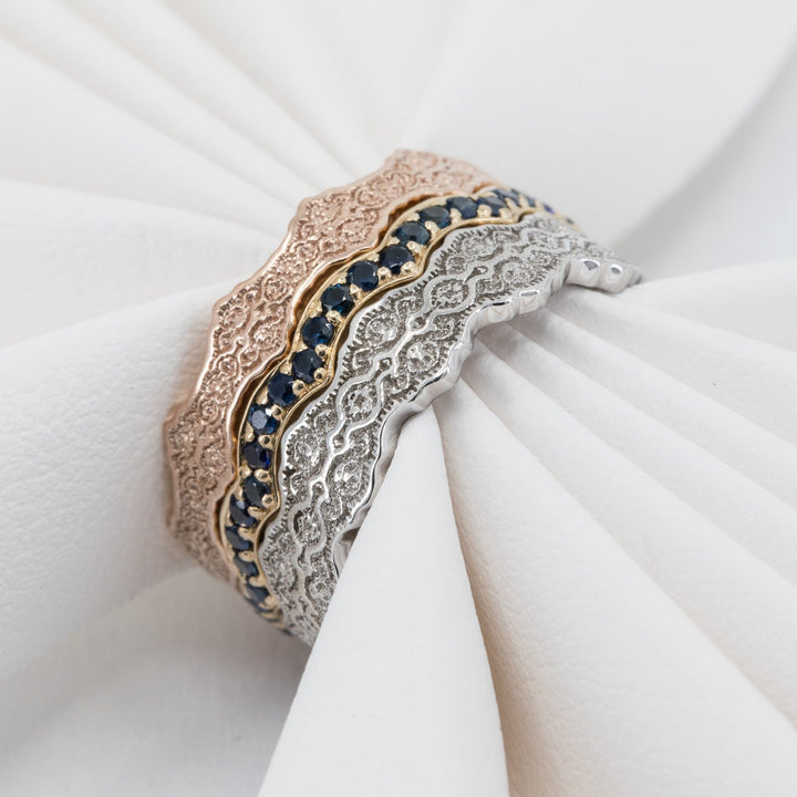 Aria and Celine Lace Stacking Wedding Ring Set with Sapphires