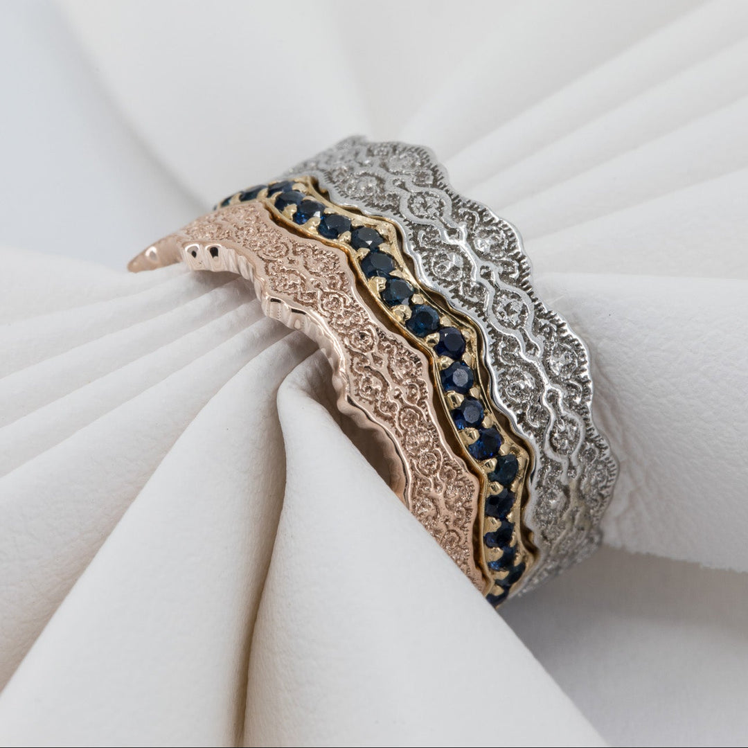 Aria and Celine Lace Stacking Wedding Ring Set with Sapphires