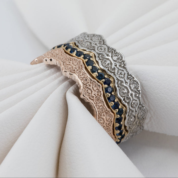 Aria and Celine Lace Stacking Wedding Ring Set with Sapphires
