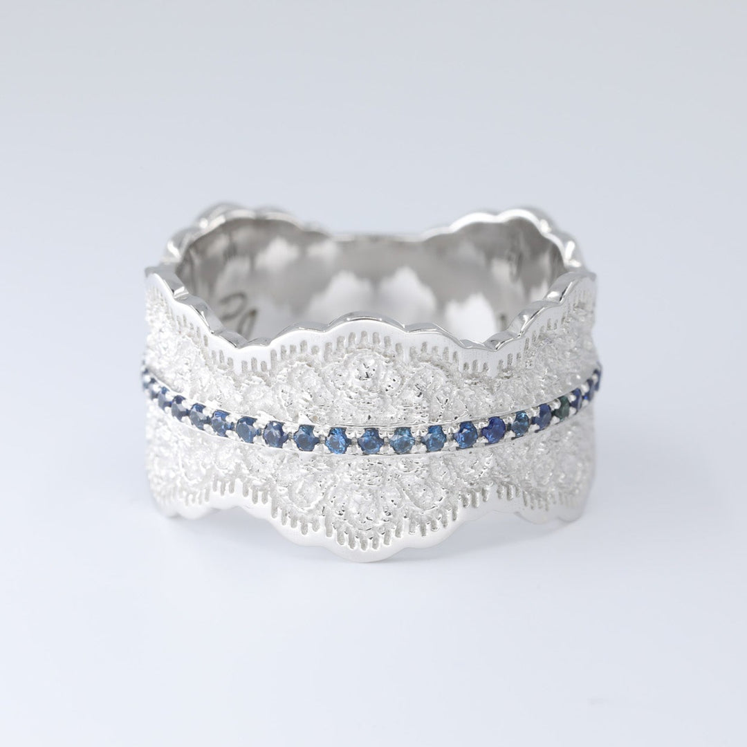 Gia Lace Wedding Ring with Half Eternity Blue Sapphires