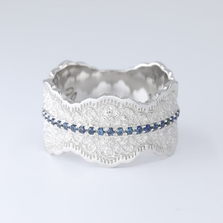 Gia Lace Wedding Ring with Half Eternity Blue Sapphires