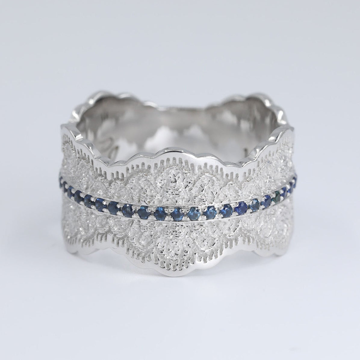 Gia Lace Wedding Ring with Half Eternity Blue Sapphires