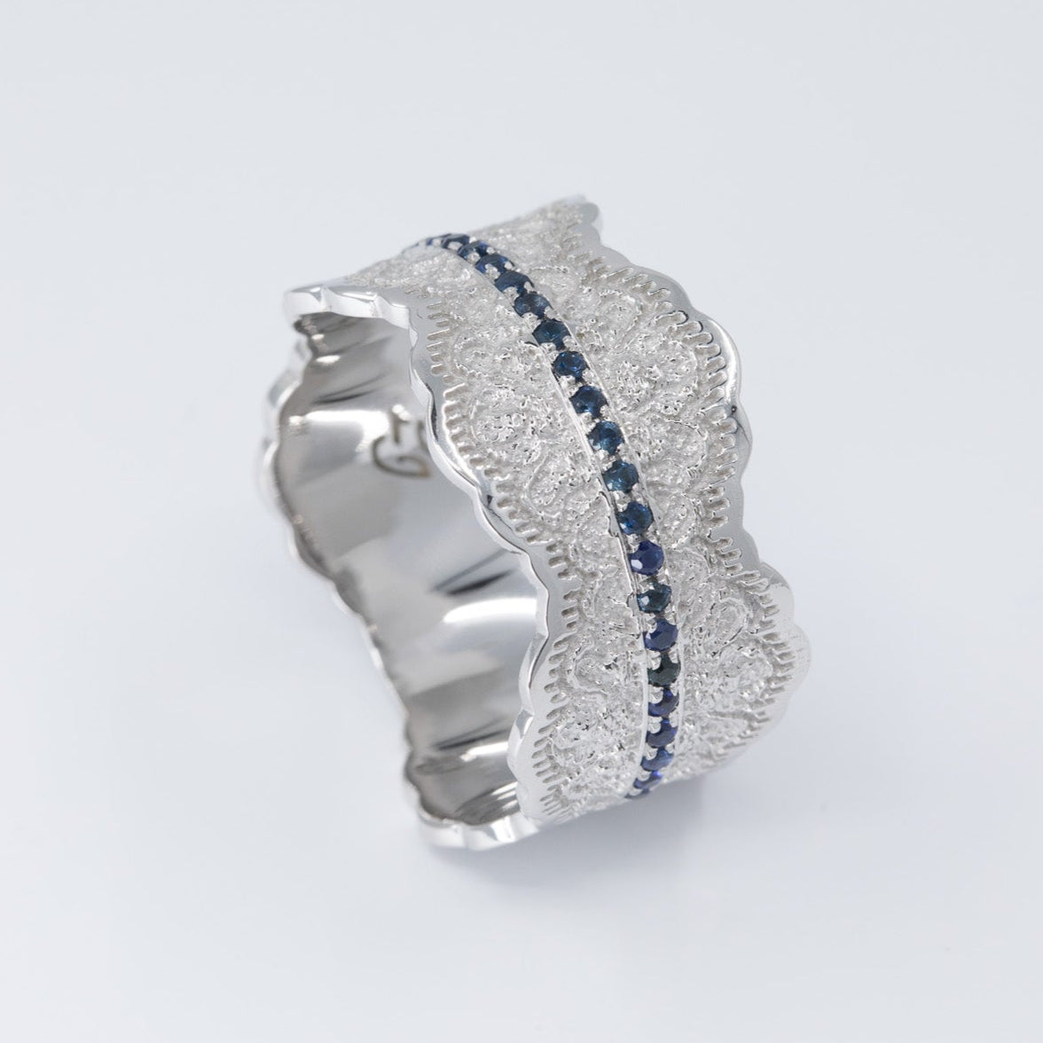 Gia Lace Wedding Ring with Half Eternity Blue Sapphires – view 2