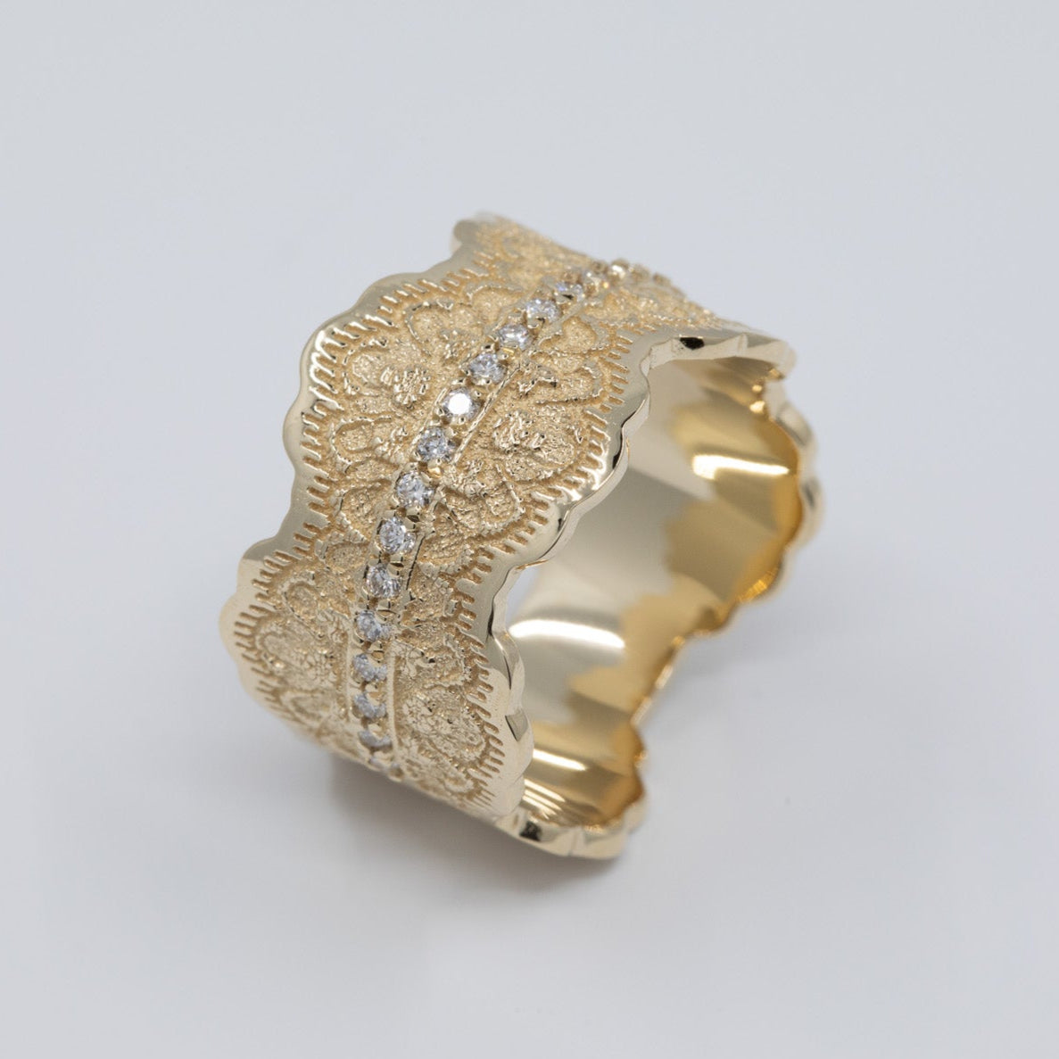 Gia Lace Wedding Ring with Half Eternity Diamonds in 14K Yellow Gold – view 2