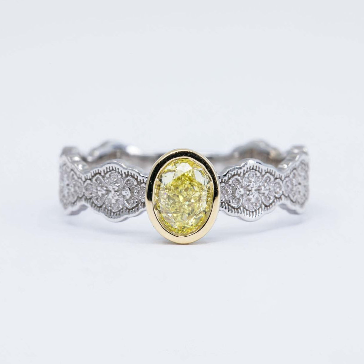 Eden Lace Mixed Metal Engagement Ring with a Natural 0.54ct Fancy Yellow Diamond in 14K white gold