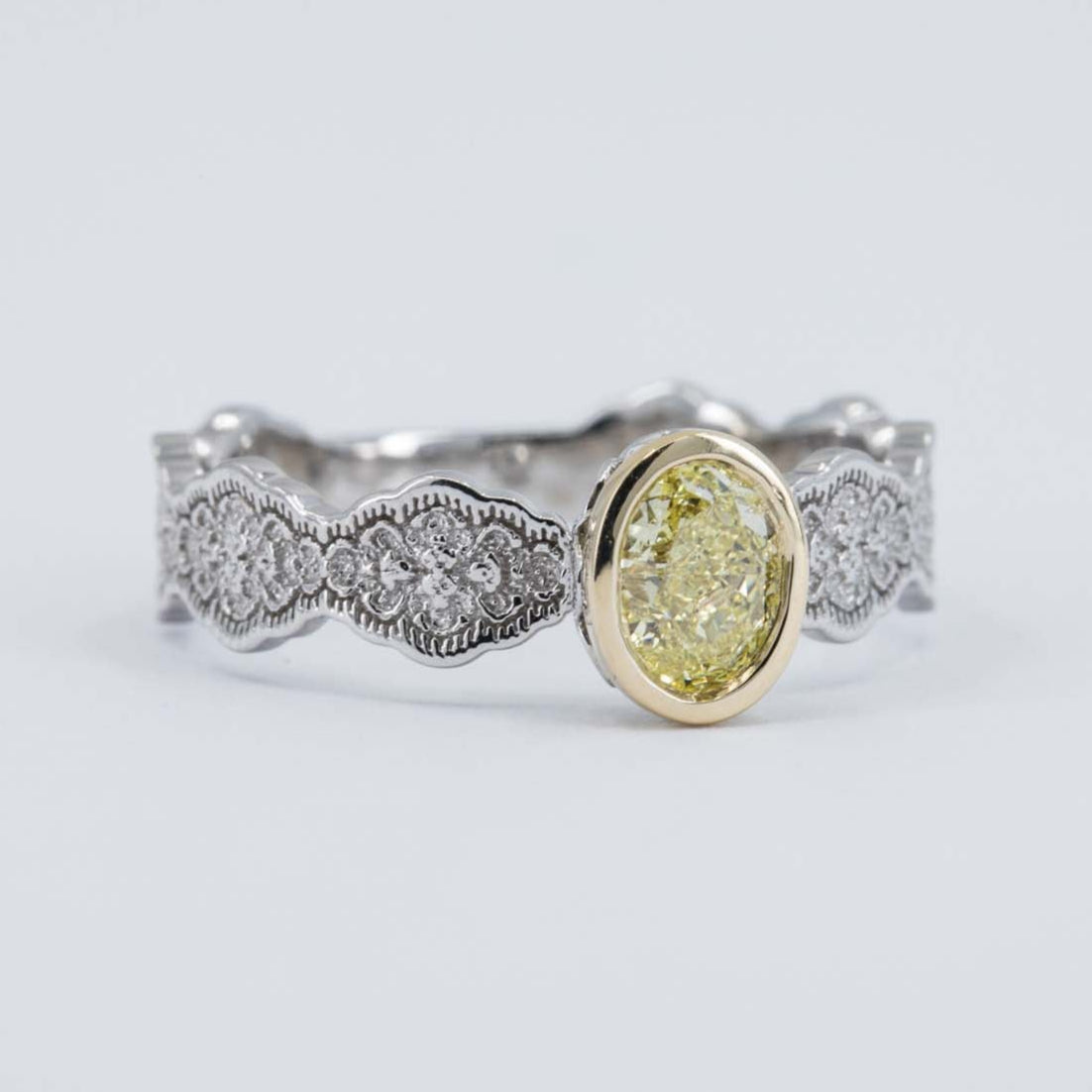 Eden Lace Mixed Metal Engagement Ring with a Natural 0.54ct Fancy Yellow Diamond in 14K white gold – view 2