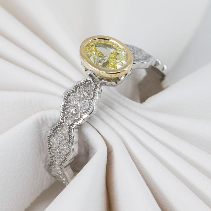 Eden Lace Mixed Metal Engagement Ring with a Natural 0.54ct Fancy Yellow Diamond - Size 6.75