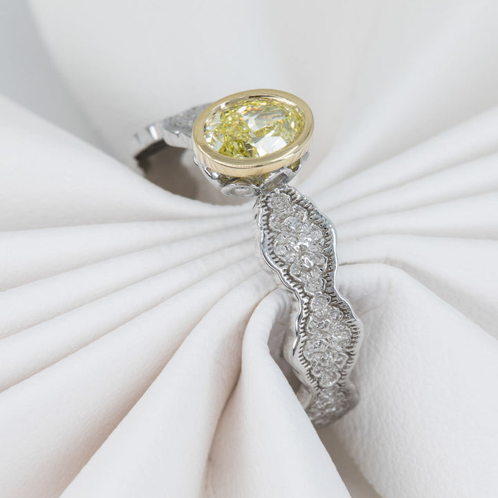 Eden Lace Mixed Metal Engagement Ring with a Natural 0.54ct Fancy Yellow Diamond - Size 6.75