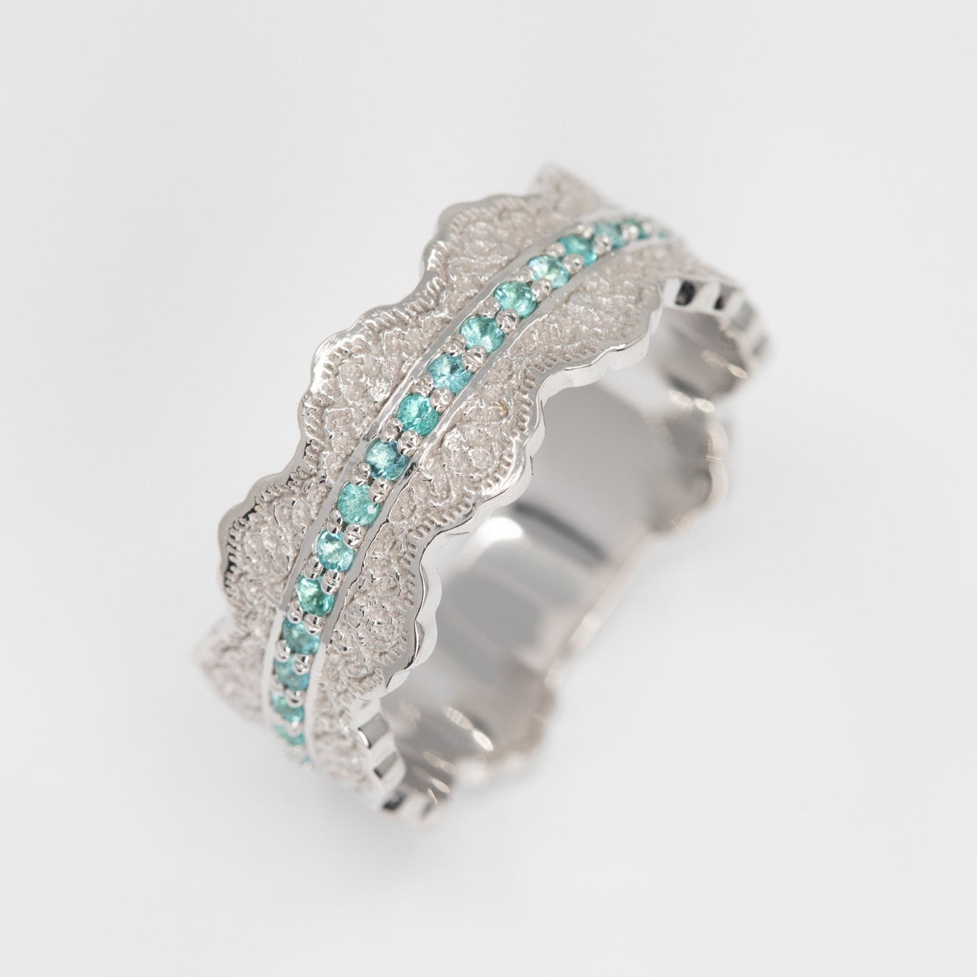 Esme Lace Wedding Ring with Half Eternity Paraiba Tourmaline in 14K Yellow Gold – view 2