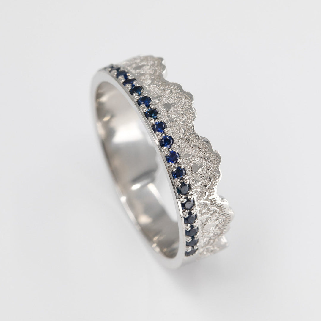 Maeve Lace Crown Wedding Ring with Half Eternity Blue Sapphires in Platinum