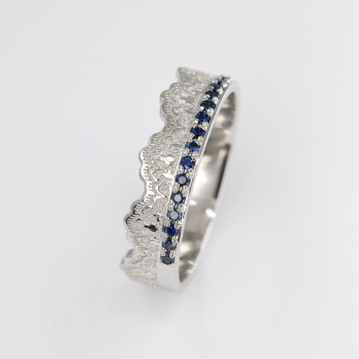 Maeve Lace Crown Wedding Ring with Half Eternity Blue Sapphires in Platinum
