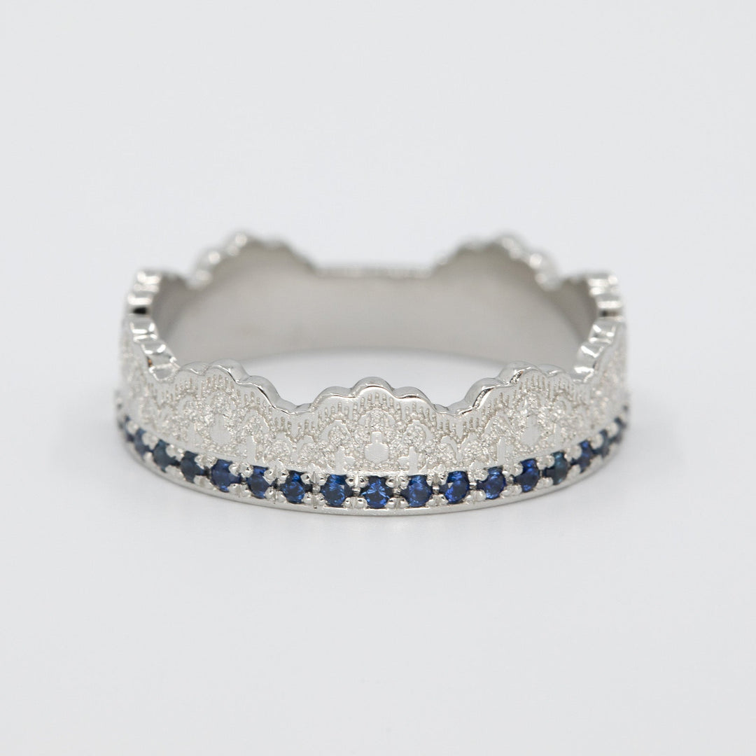 Maeve Lace Crown Wedding Ring with Half Eternity Blue Sapphires in Platinum