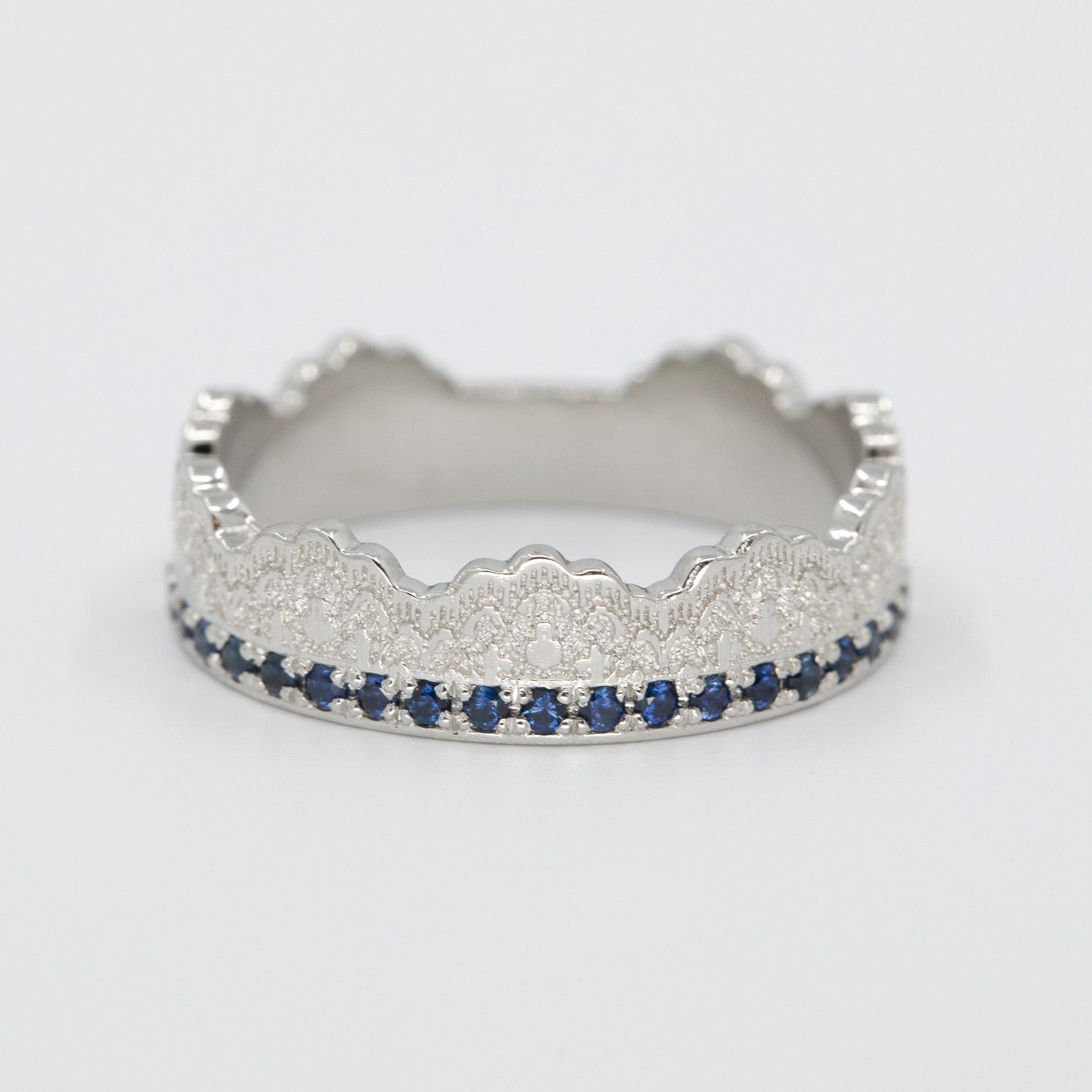 Maeve Lace Crown Wedding Ring with Half Eternity Blue Sapphires in Platinum