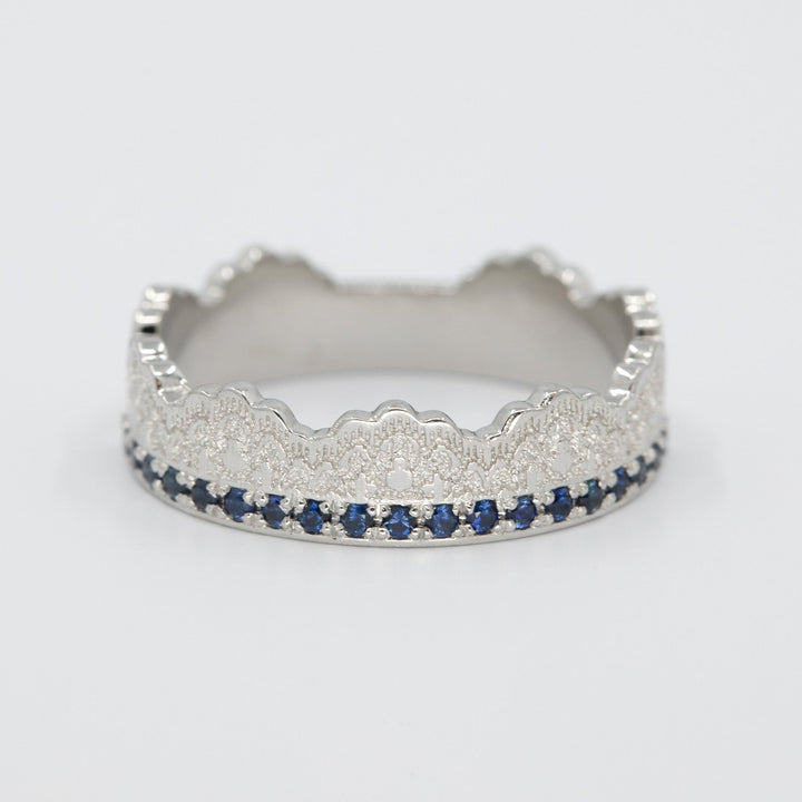 Maeve Lace Crown Wedding Ring with Half Eternity Blue Sapphires in Platinum