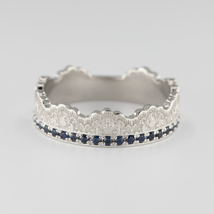 Maeve Lace Crown Wedding Ring with Half Eternity Blue Sapphires in Platinum