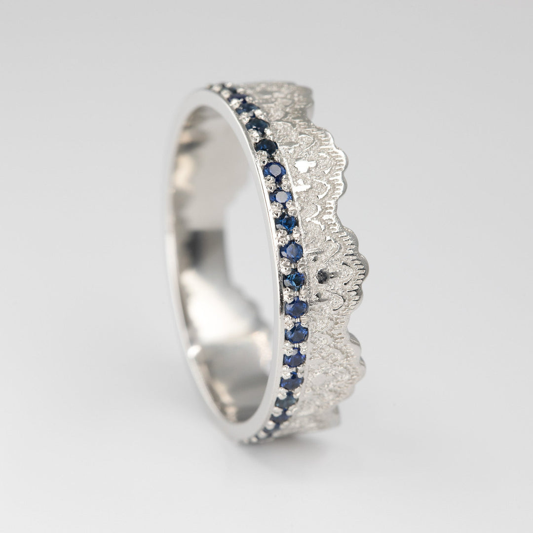 Maeve Lace Crown Wedding Ring with Half Eternity Blue Sapphires in Platinum