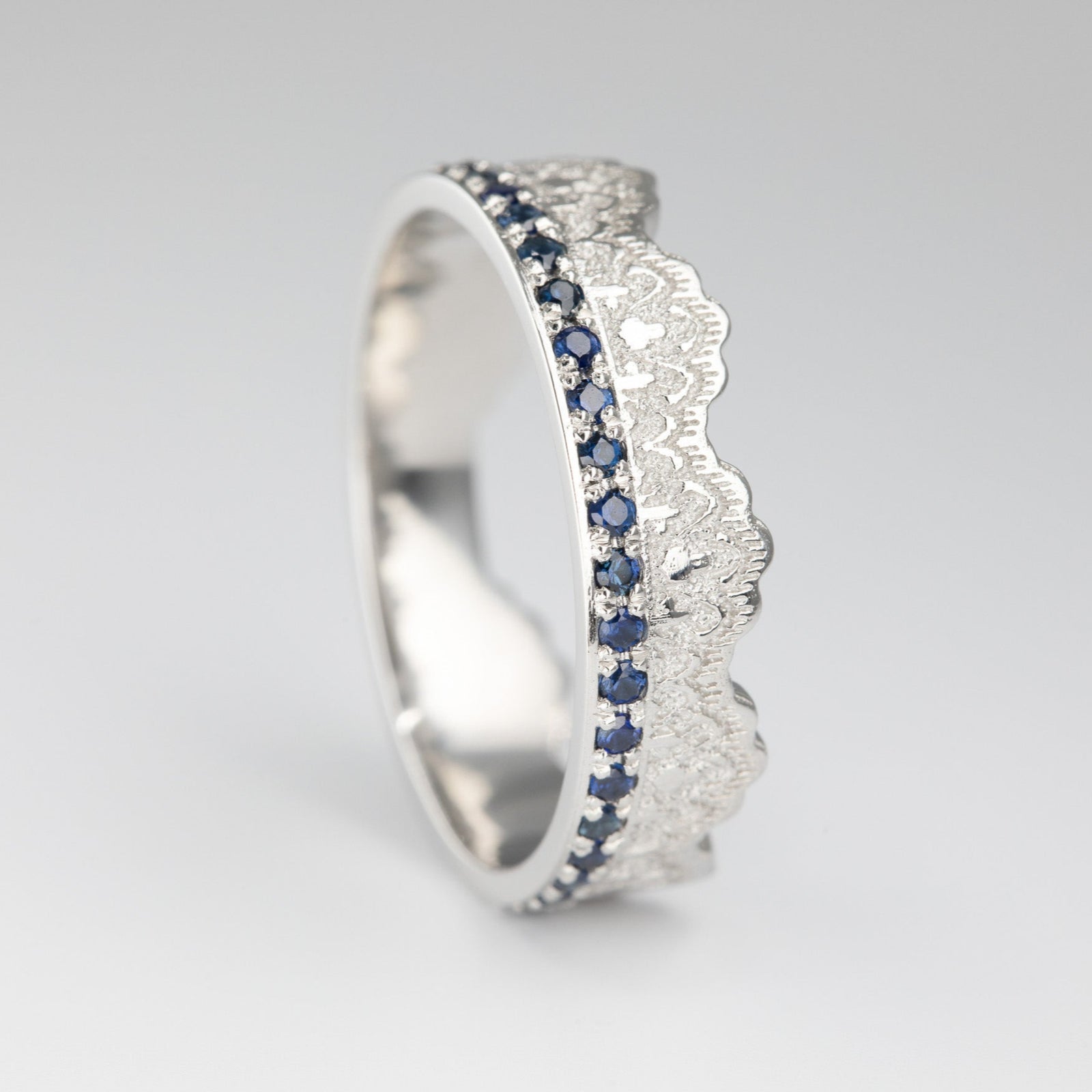 Maeve Lace Crown Wedding Ring with Half Eternity Blue Sapphires in Platinum – view 2