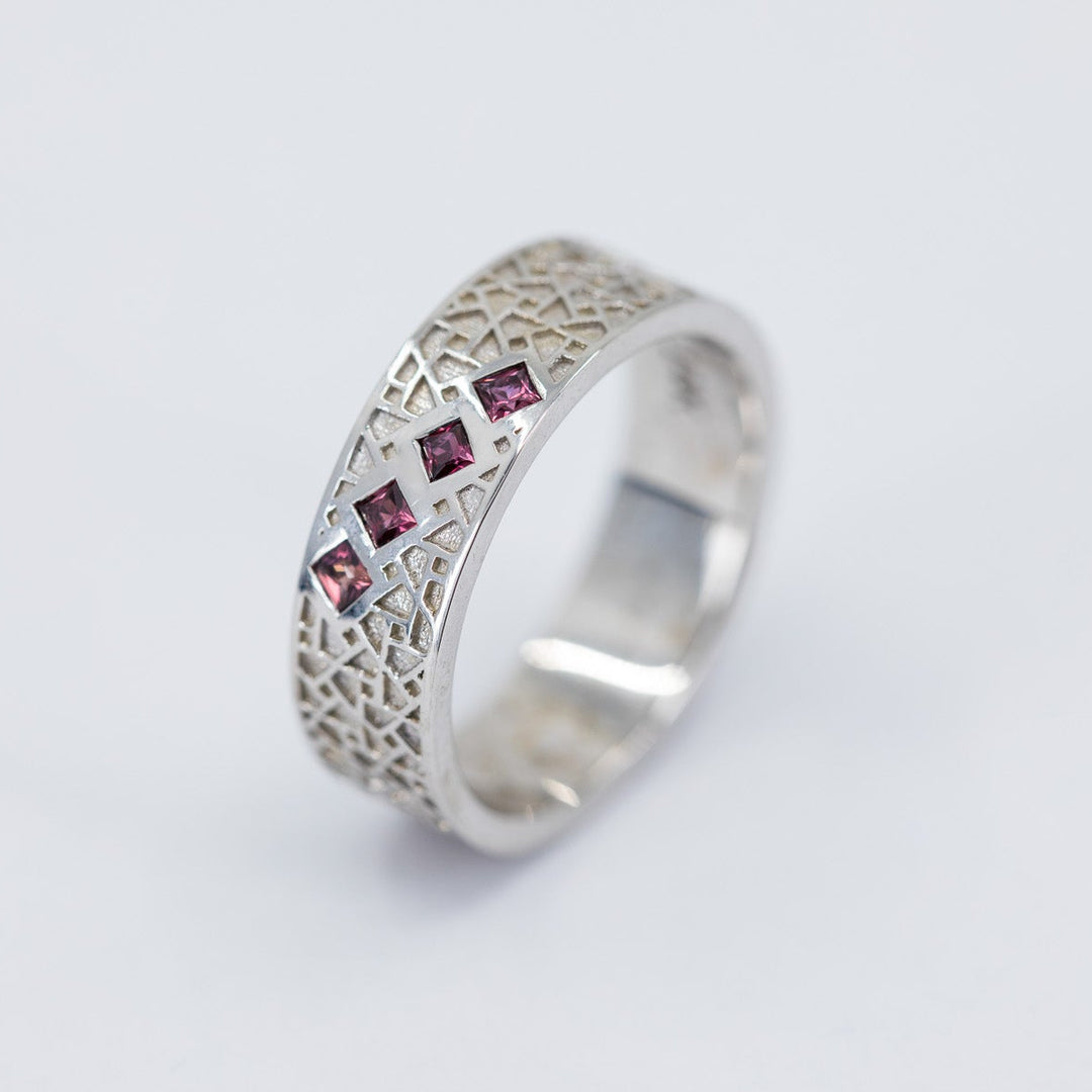 Atlas Men's Wedding Band with Princess Rubies - Size 7.5
