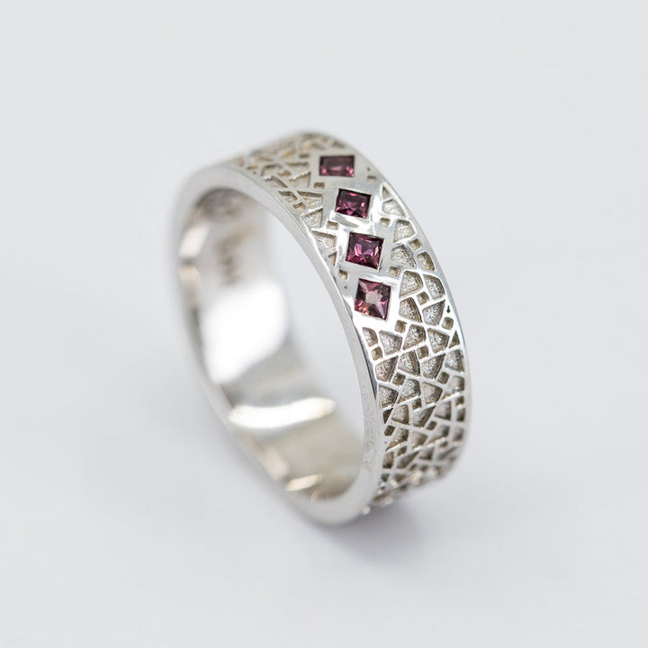 Atlas Men's Wedding Band with Princess Rubies - Size 7.5