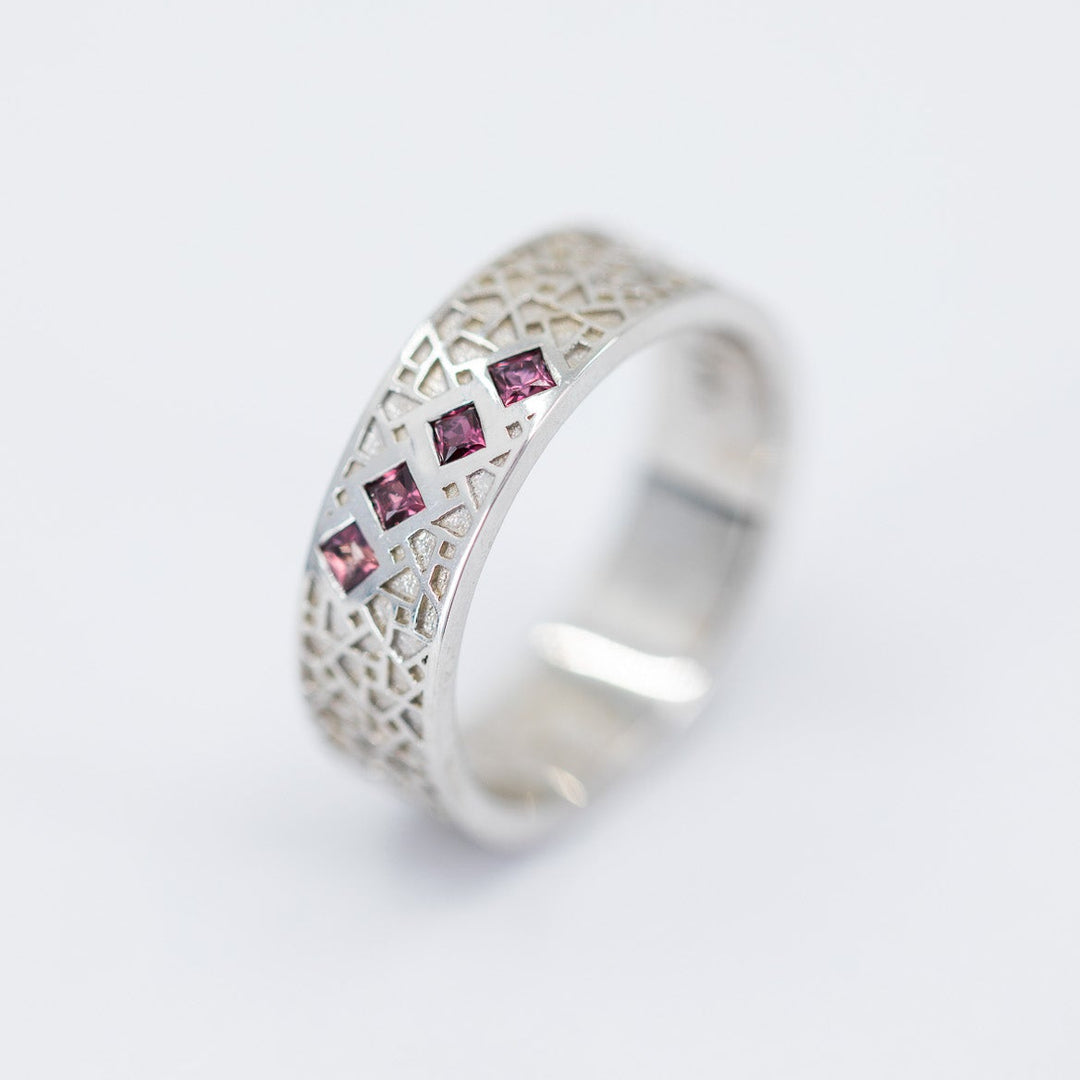 Atlas Men's Wedding Band with Princess Rubies - Size 7.5