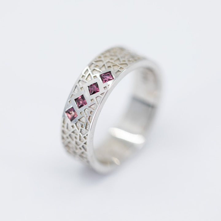 Atlas Men's Wedding Band with Princess Rubies - Size 7.5