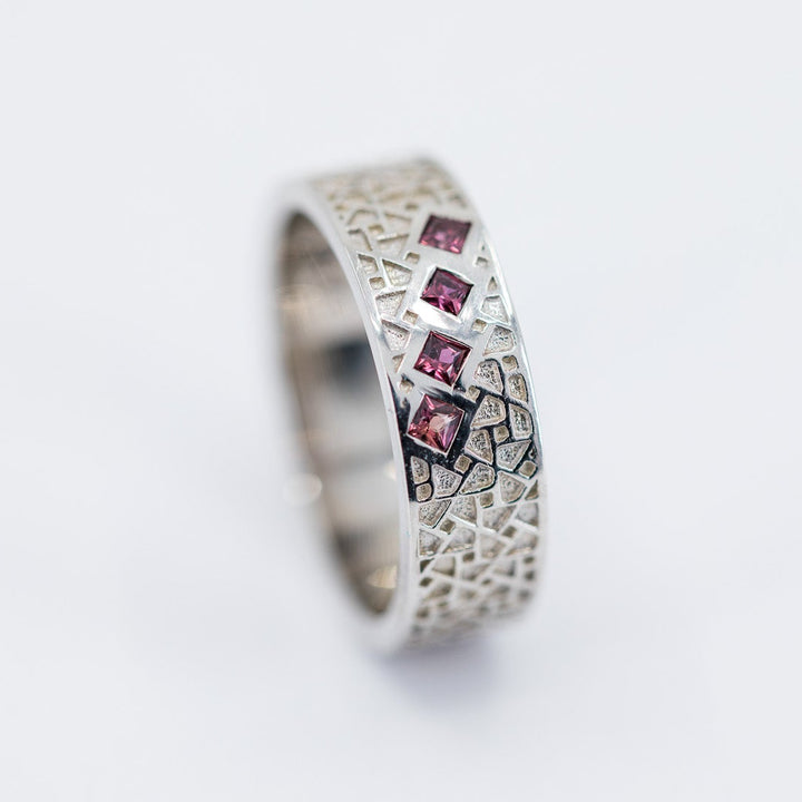 Atlas Men's Wedding Band with Princess Rubies - Size 7.5