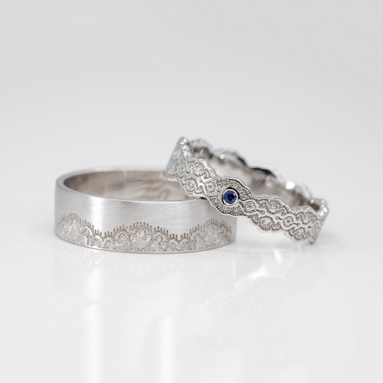 Couples Matching Aria and Arden Lace Wedding Ring Set in 14K Yellow Gold – view 2