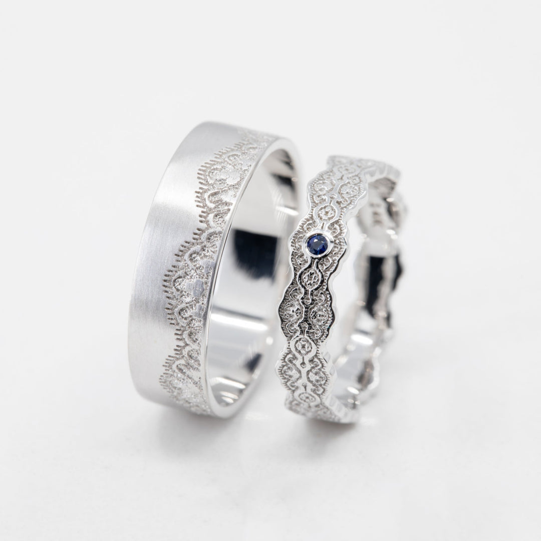 Couples Matching Aria and Lace Wedding Ring Set