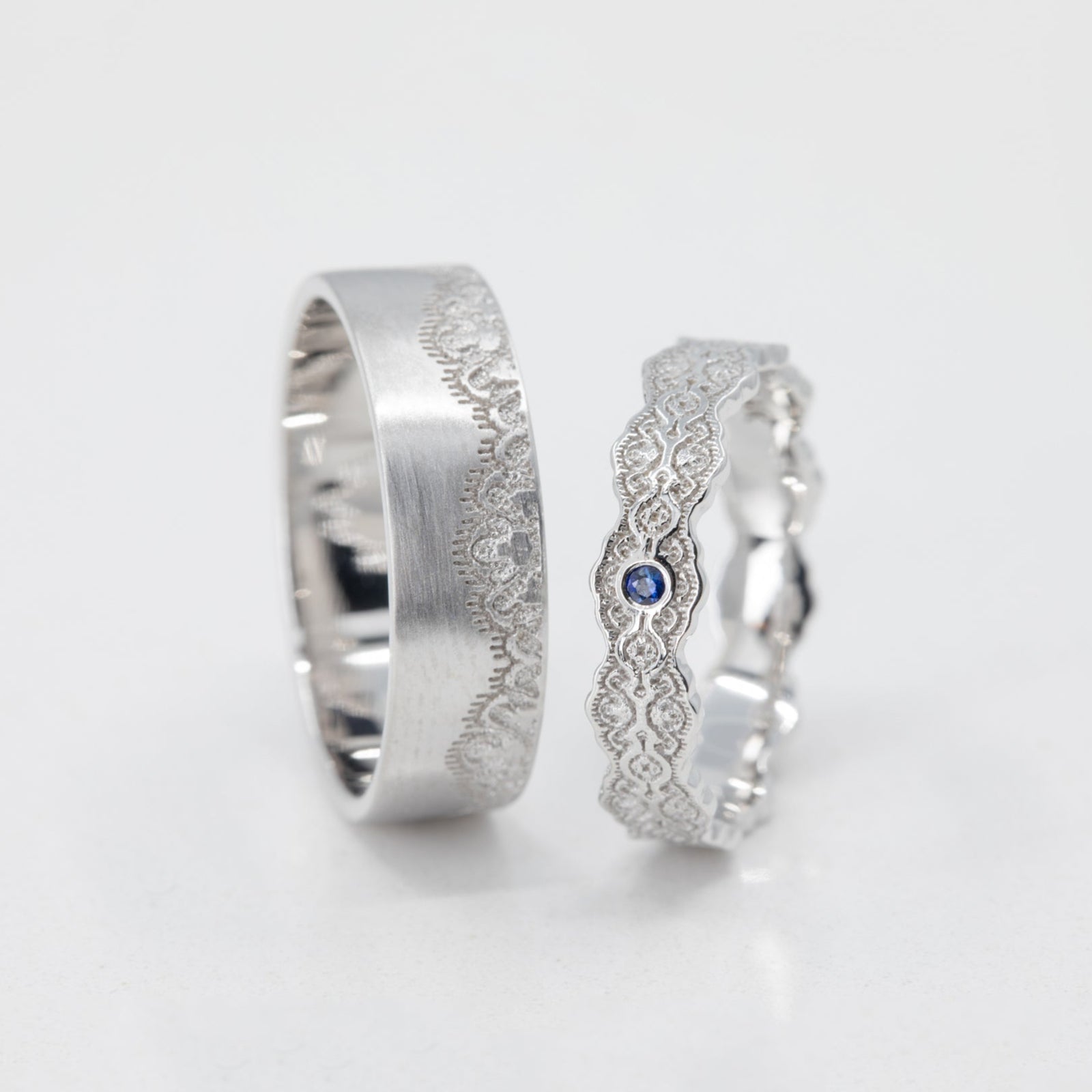 Couples Matching Aria and Arden Lace Wedding Ring Set in 14K Yellow Gold