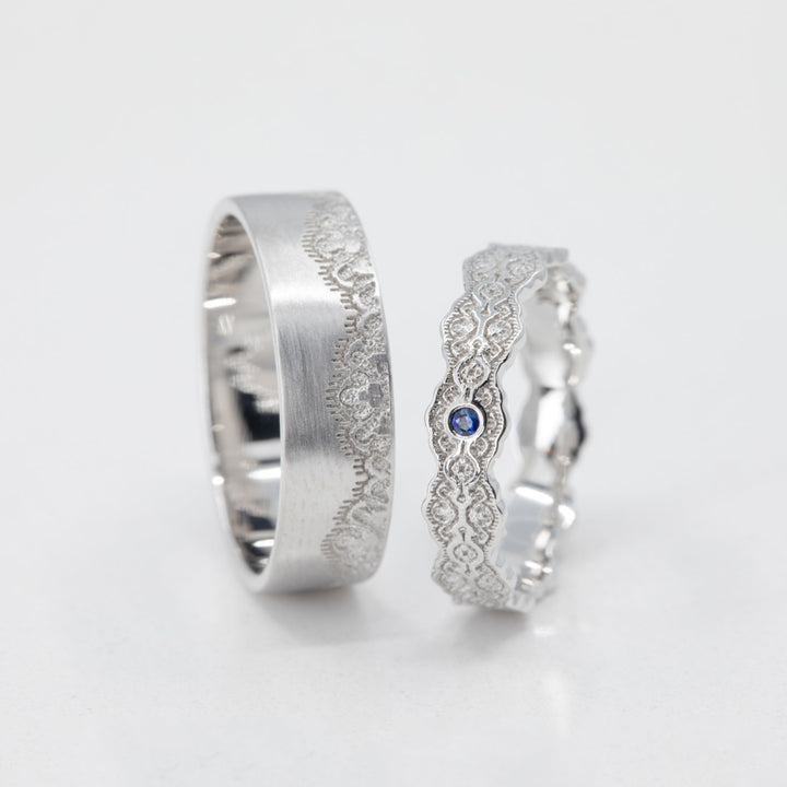 Couples Matching Aria and Lace Wedding Ring Set