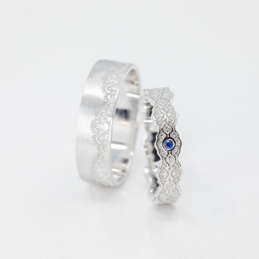 Couples Matching Aria and Lace Wedding Ring Set