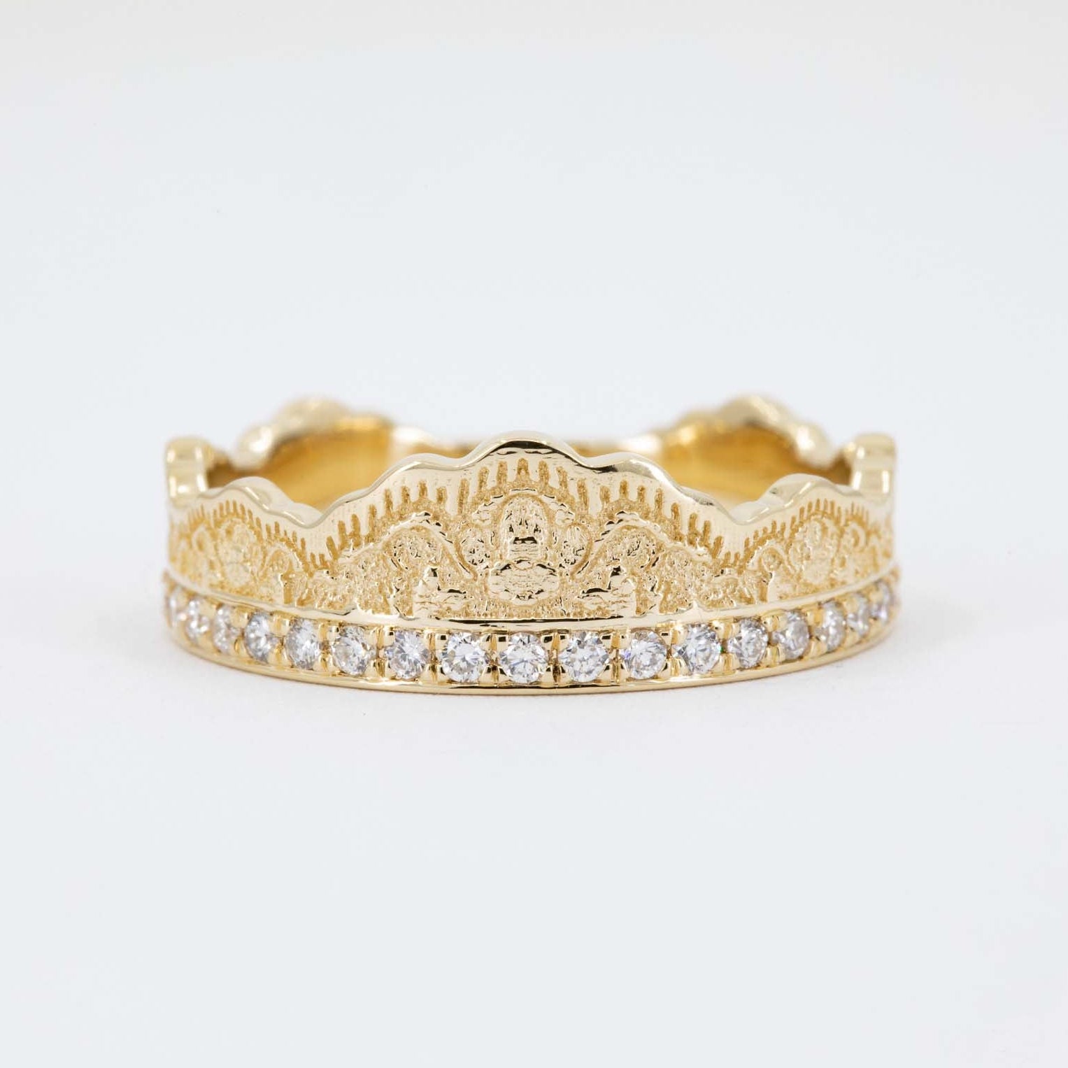 Aarti Lace Crown Wedding Ring with Diamonds in 14K Yellow Gold