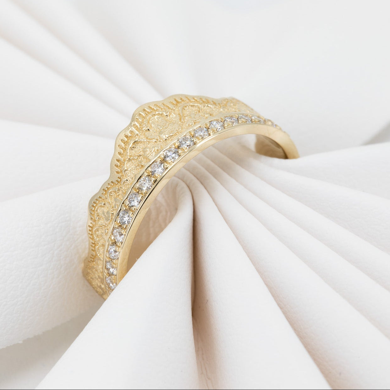 Aarti Lace Crown Wedding Ring with Diamonds in 14K Yellow Gold – view 2