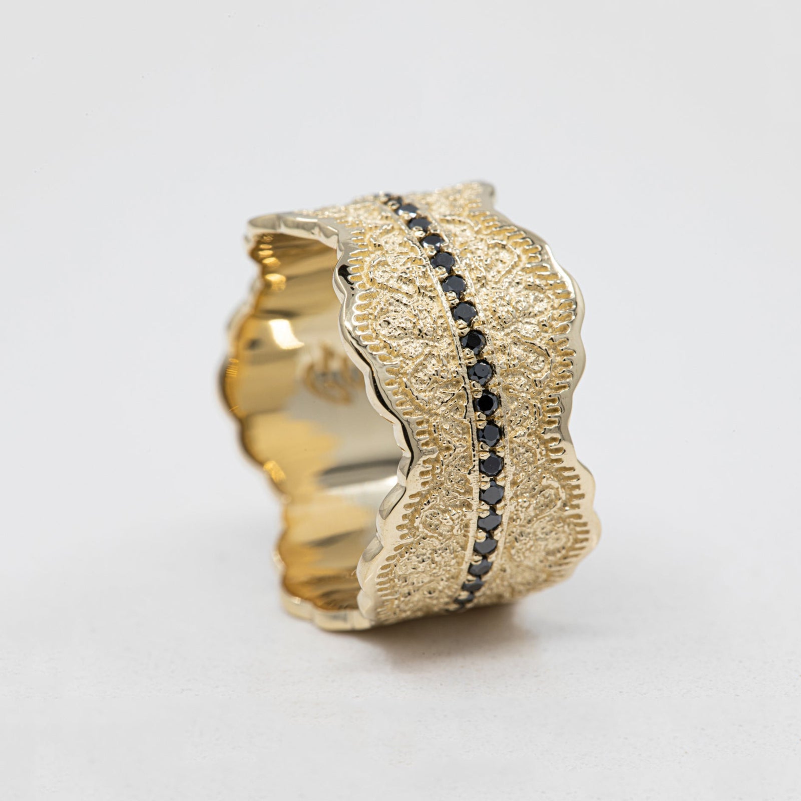 Gia Lace Wedding Ring with Half Eternity Black Diamonds in 14K Yellow Gold – view 2
