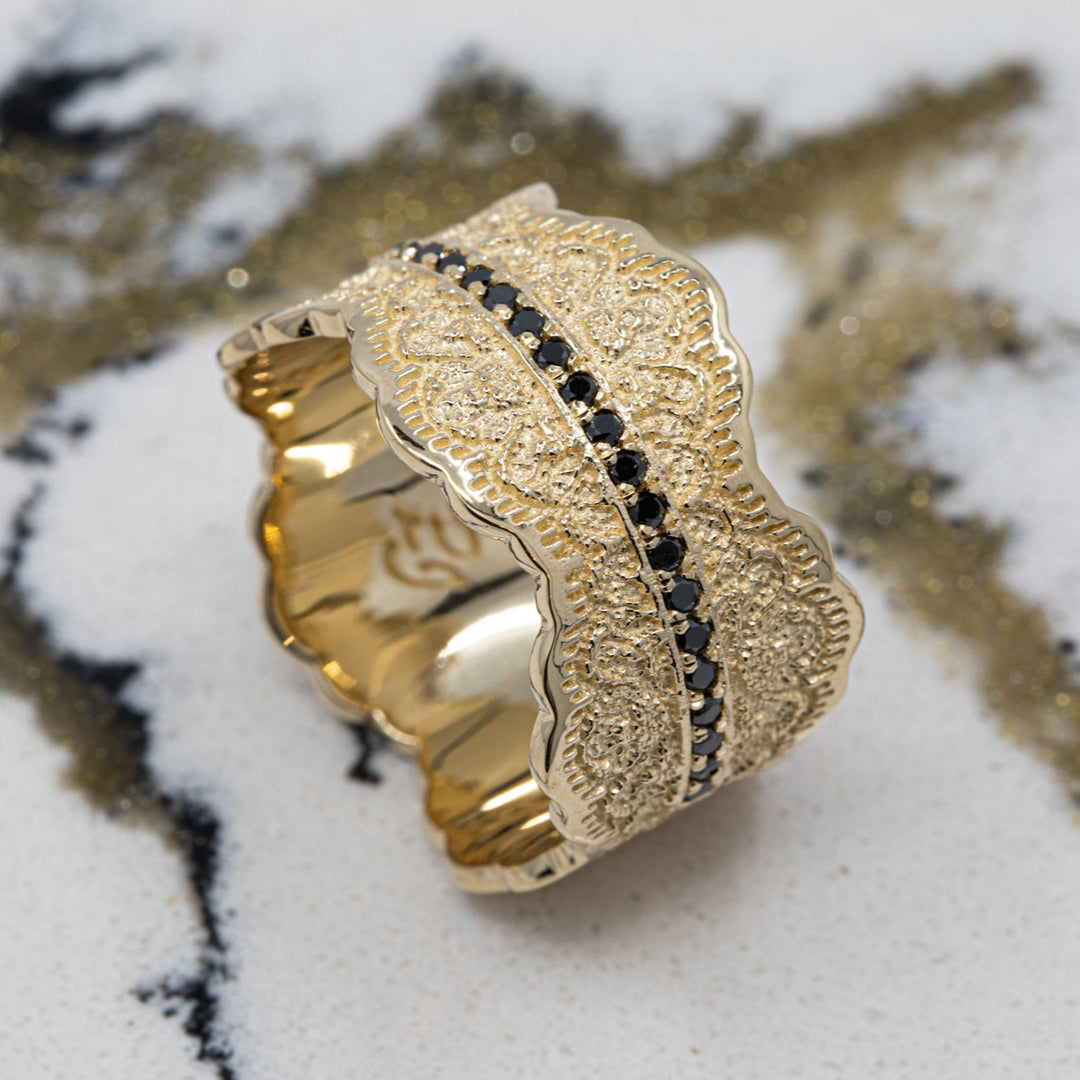 Gia Lace Wedding Ring with Half Eternity Black Diamonds