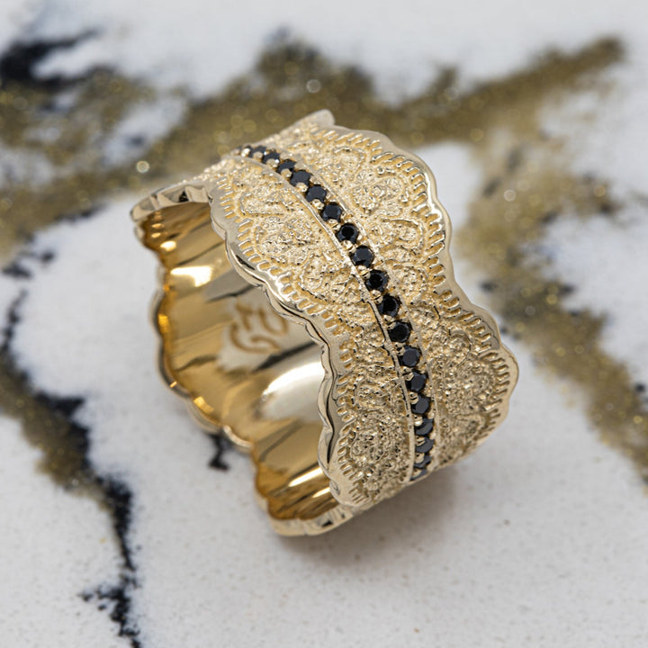 Gia Lace Wedding Ring with Half Eternity Black Diamonds