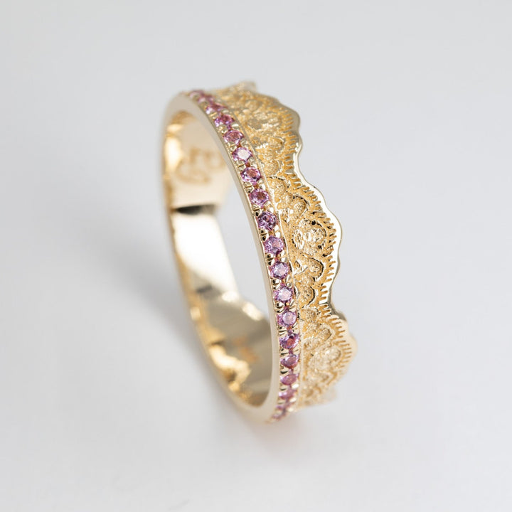 Maeve Lace Crown Wedding Ring with Pink Sapphires