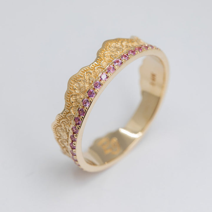 Maeve Lace Crown Wedding Ring with Pink Sapphires