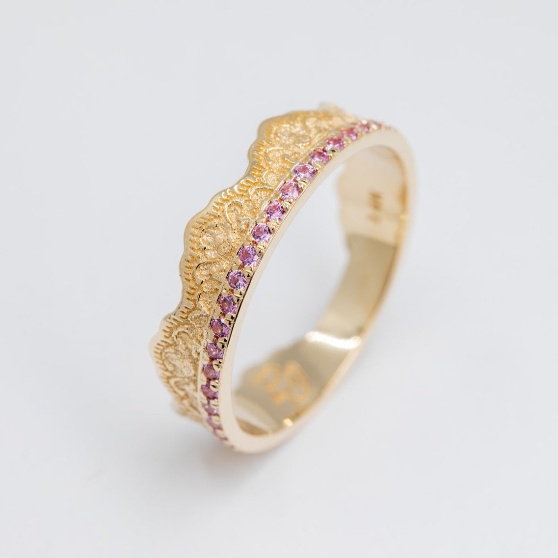Maeve Lace Crown Wedding Ring with Pink Sapphires in 14K Yellow Gold – view 2