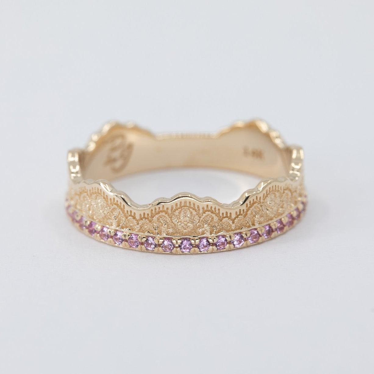 Maeve Lace Crown Wedding Ring with Pink Sapphires in 14K Yellow Gold