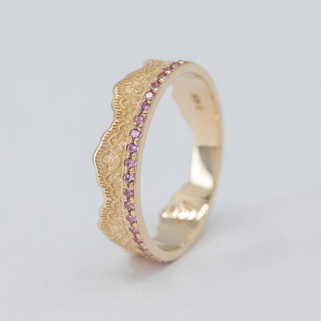 Maeve Lace Crown Wedding Ring with Pink Sapphires