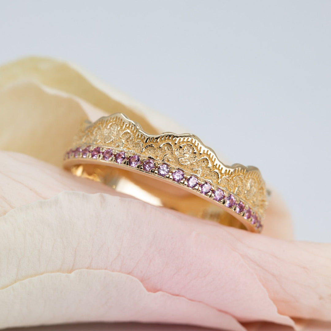 Maeve Lace Crown Wedding Ring with Pink Sapphires