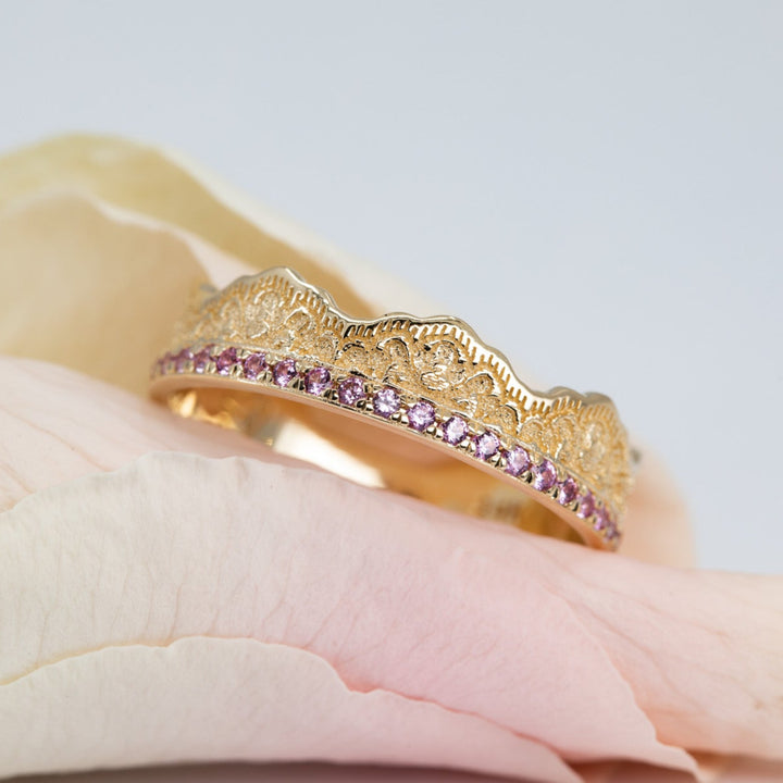 Maeve Lace Crown Wedding Ring with Pink Sapphires
