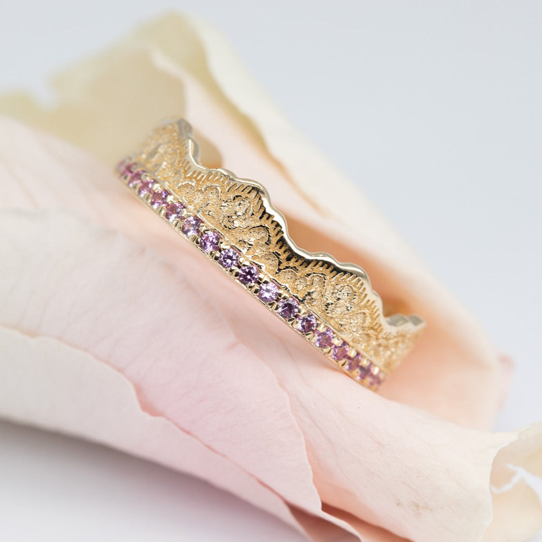 Maeve Lace Crown Wedding Ring with Pink Sapphires